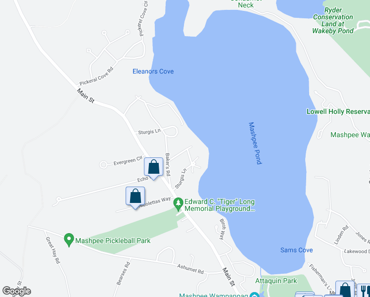 map of restaurants, bars, coffee shops, grocery stores, and more near 30 Baker's Road in Mashpee