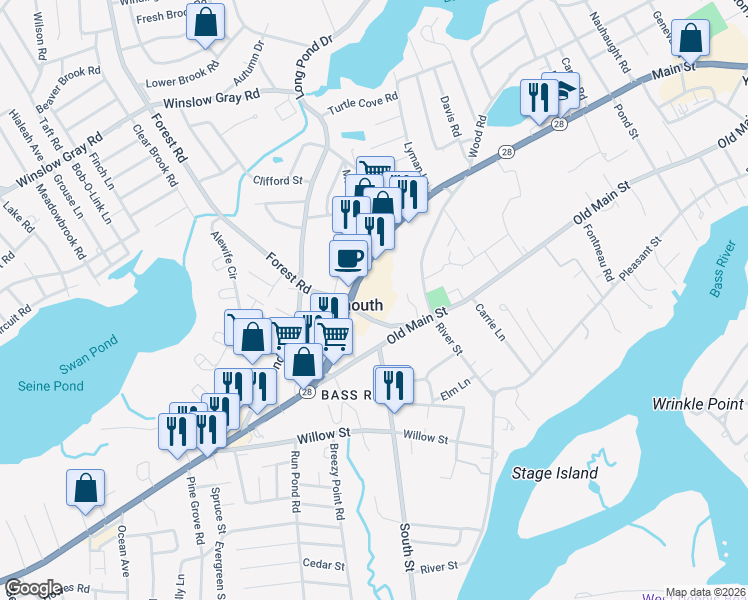 map of restaurants, bars, coffee shops, grocery stores, and more near 1057 Massachusetts 28 in Yarmouth