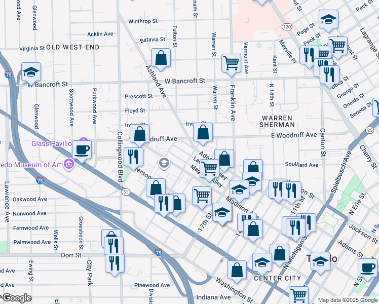 map of restaurants, bars, coffee shops, grocery stores, and more near 2033 Adams Street in Toledo