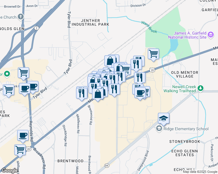 map of restaurants, bars, coffee shops, grocery stores, and more near 7685 Mentor Avenue in Mentor