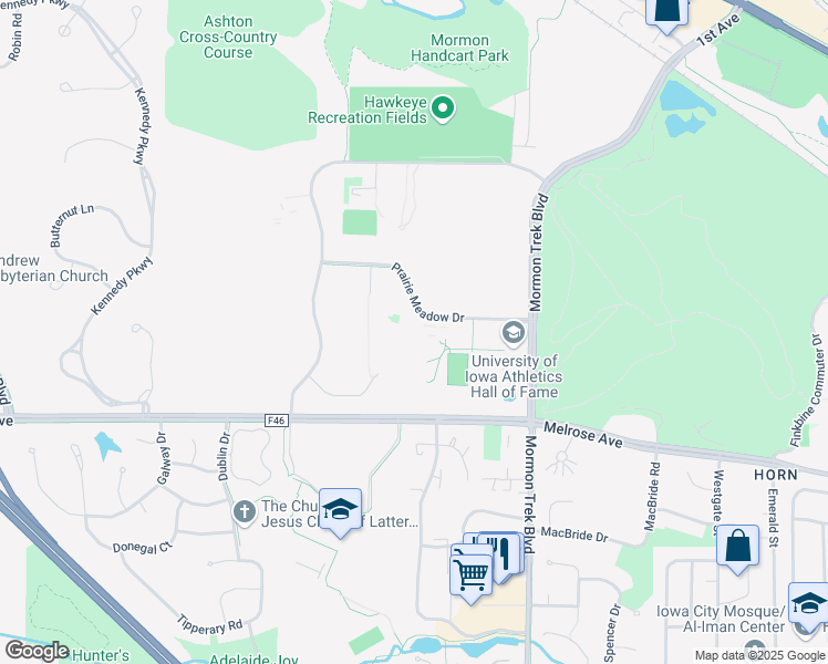 map of restaurants, bars, coffee shops, grocery stores, and more near 2701 Prairie Meadow Drive in Iowa City