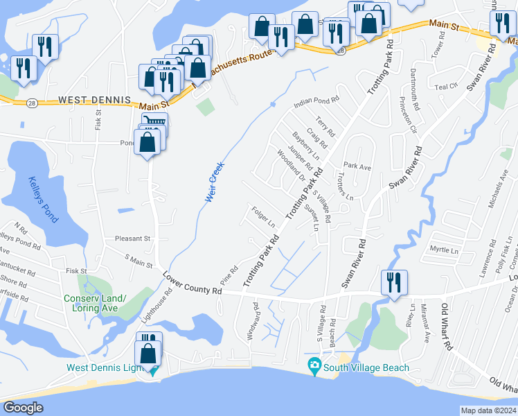 map of restaurants, bars, coffee shops, grocery stores, and more near 26 Folger Lane in Dennis