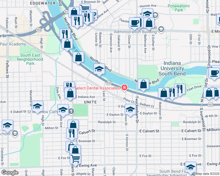 map of restaurants, bars, coffee shops, grocery stores, and more near 1334 Lincoln Way East in South Bend