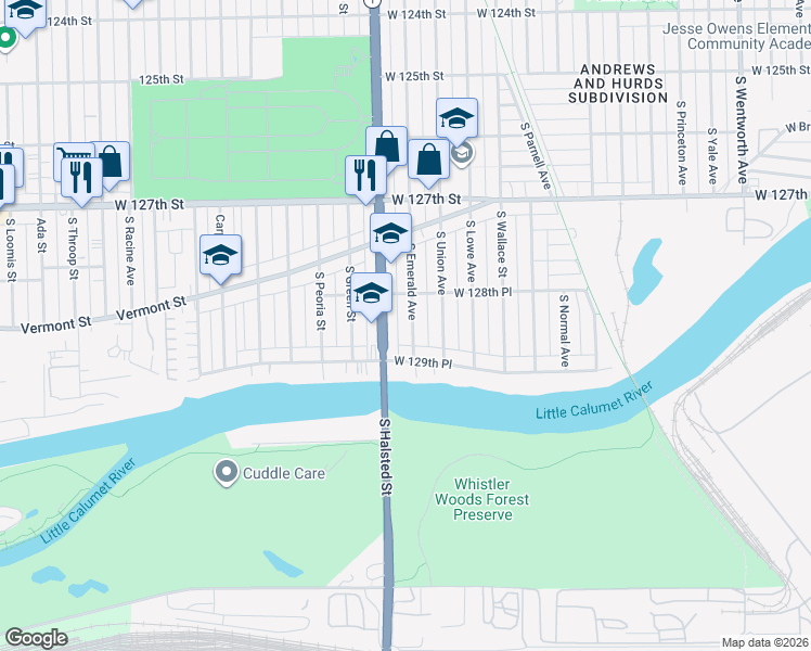 map of restaurants, bars, coffee shops, grocery stores, and more near 12900 South Emerald Avenue in Chicago
