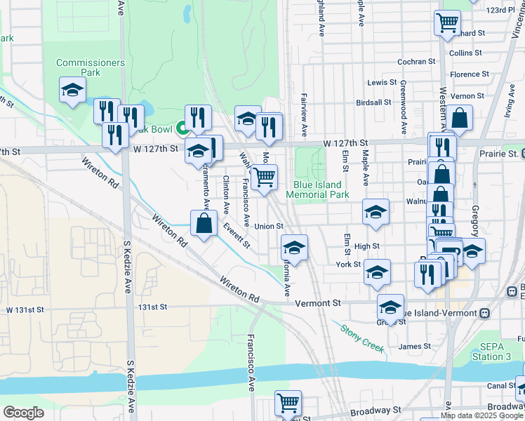 map of restaurants, bars, coffee shops, grocery stores, and more near 12840 Mozart Street in Blue Island