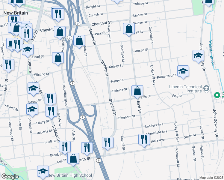map of restaurants, bars, coffee shops, grocery stores, and more near 415 Stanley Street in New Britain