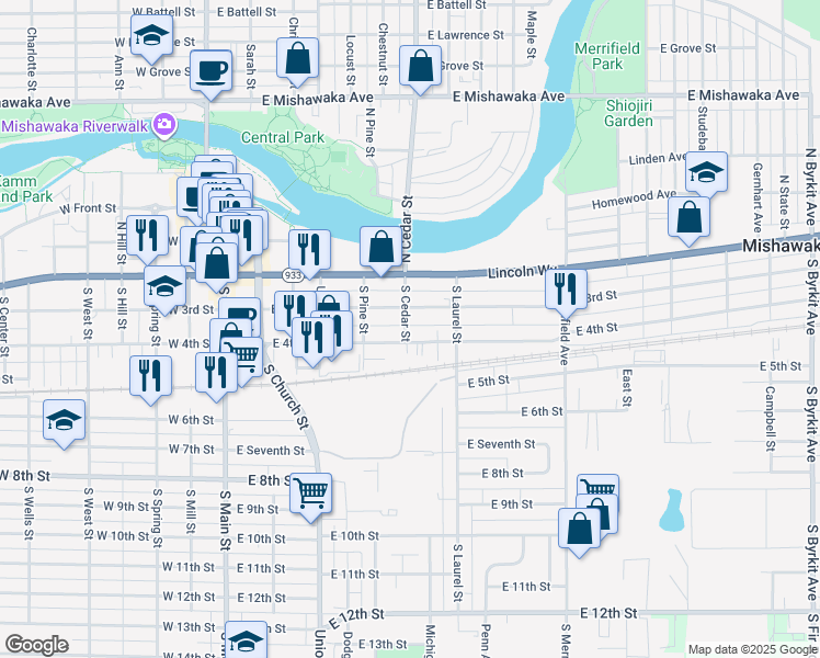 map of restaurants, bars, coffee shops, grocery stores, and more near 216 South Cedar Street in Mishawaka