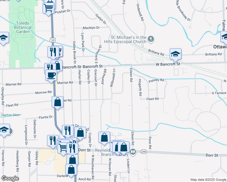 map of restaurants, bars, coffee shops, grocery stores, and more near 4936 Fleet Road in Toledo