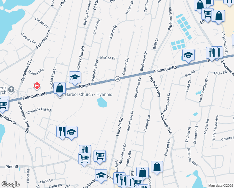 map of restaurants, bars, coffee shops, grocery stores, and more near 287 Oakland Road in Barnstable