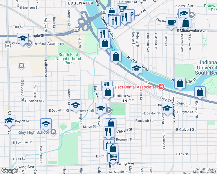 map of restaurants, bars, coffee shops, grocery stores, and more near 1421 Miami Street in South Bend