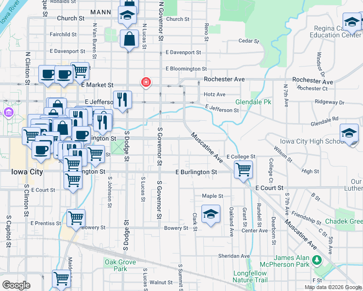 map of restaurants, bars, coffee shops, grocery stores, and more near 112 South Summit Street in Iowa City