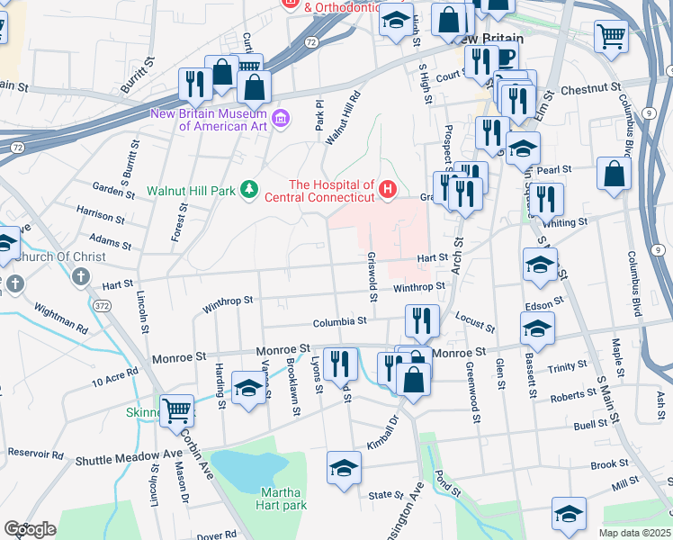 map of restaurants, bars, coffee shops, grocery stores, and more near 146 Hart Street in New Britain