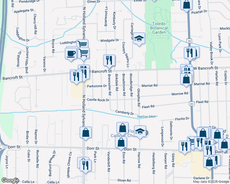 map of restaurants, bars, coffee shops, grocery stores, and more near 2028 Birkdale Road in Toledo