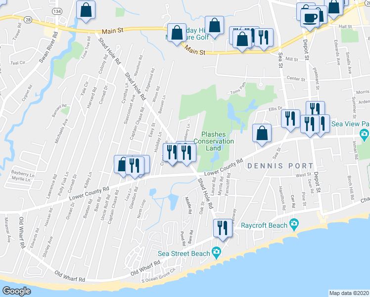 map of restaurants, bars, coffee shops, grocery stores, and more near 8 Blueberry Lane in Dennis
