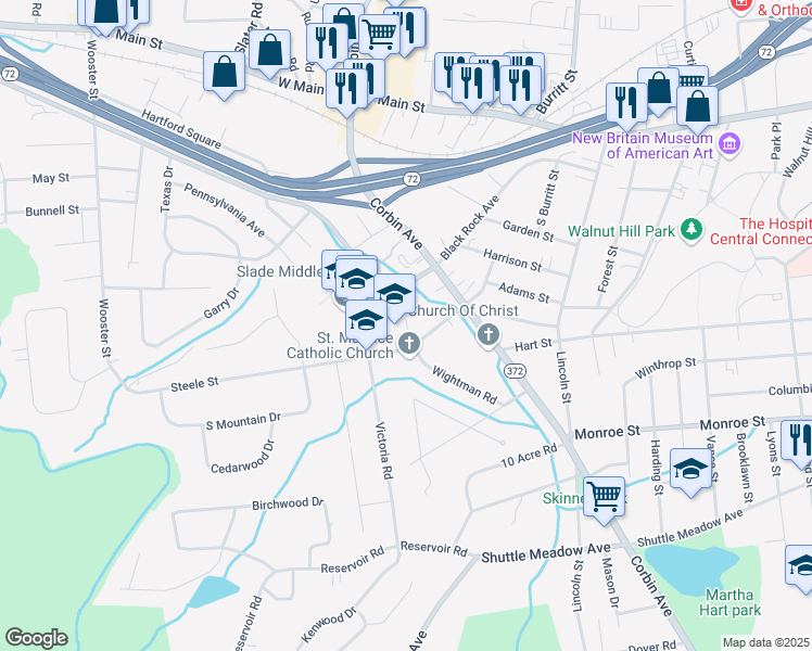 map of restaurants, bars, coffee shops, grocery stores, and more near 145 Steele Street in New Britain