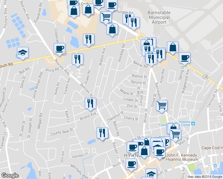 map of restaurants, bars, coffee shops, grocery stores, and more near 168 Walnut Street in Barnstable