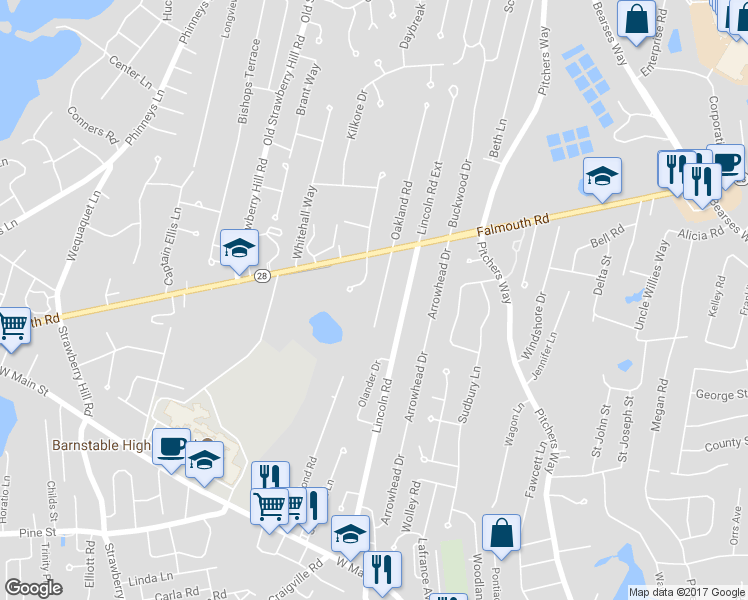 map of restaurants, bars, coffee shops, grocery stores, and more near 287 Oakland Road in Barnstable
