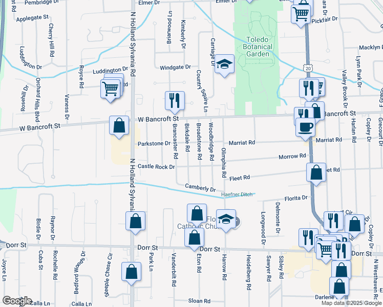 map of restaurants, bars, coffee shops, grocery stores, and more near 2028 Birkdale Road in Toledo