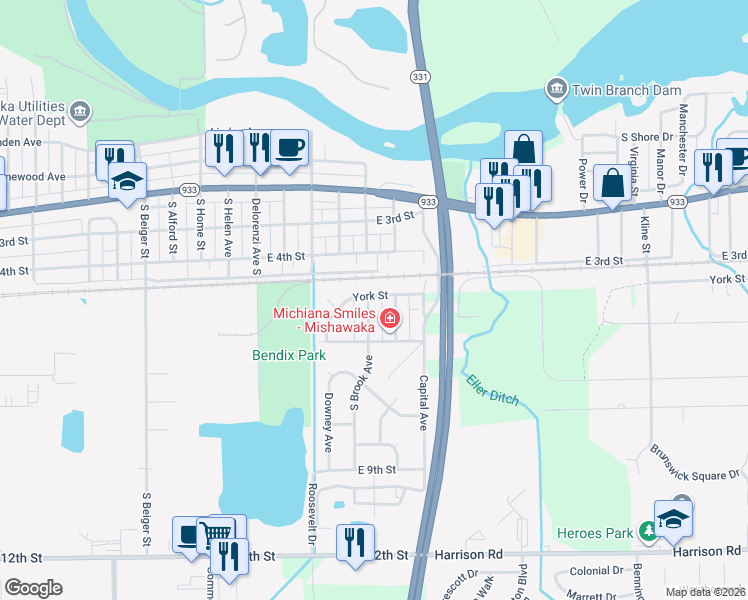 map of restaurants, bars, coffee shops, grocery stores, and more near 320 South Brook Avenue in Mishawaka