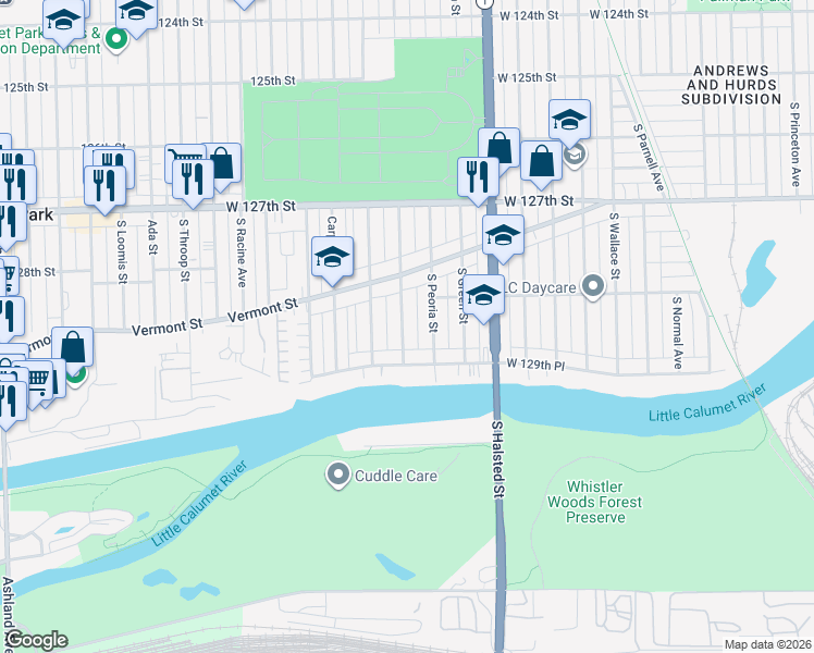 map of restaurants, bars, coffee shops, grocery stores, and more near 12851 South Sangamon Street in Chicago