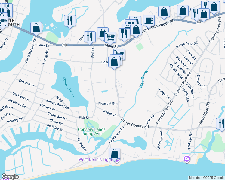 map of restaurants, bars, coffee shops, grocery stores, and more near 149 School Street in Dennis