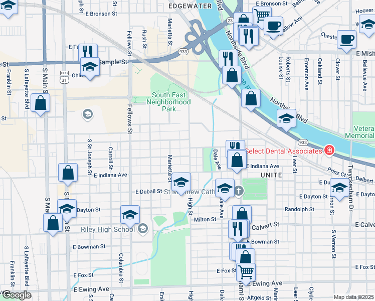 map of restaurants, bars, coffee shops, grocery stores, and more near 1417 High Street in South Bend