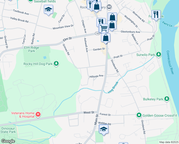 map of restaurants, bars, coffee shops, grocery stores, and more near 20 Hillside Avenue in Rocky Hill