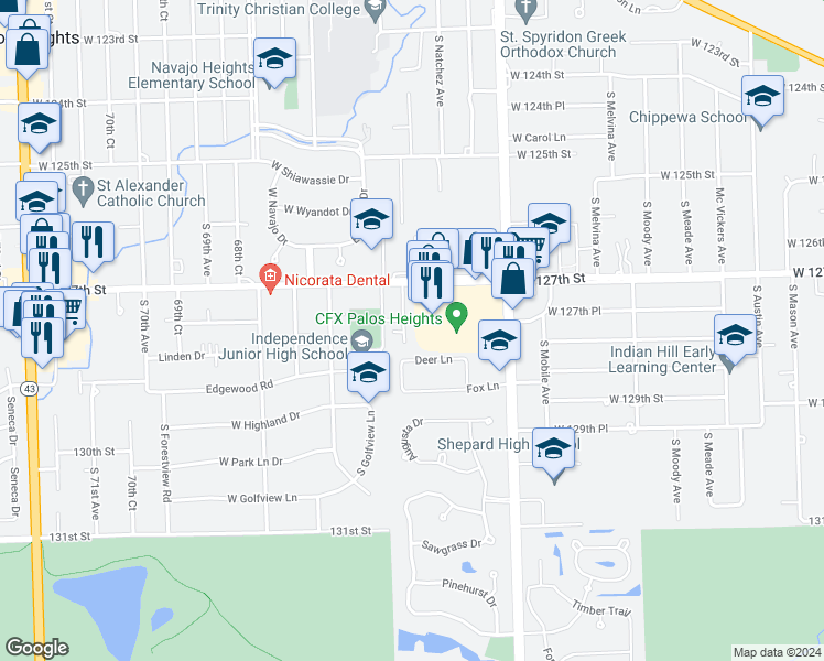 map of restaurants, bars, coffee shops, grocery stores, and more near 301 Feldner Court in Palos Heights