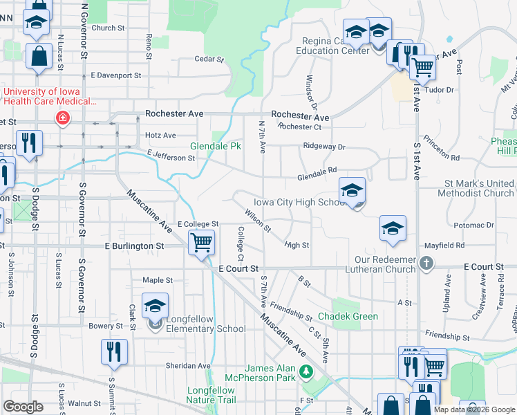 map of restaurants, bars, coffee shops, grocery stores, and more near 109 South 7th Avenue in Iowa City