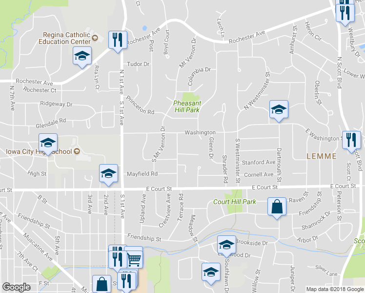 map of restaurants, bars, coffee shops, grocery stores, and more near 120 Washington Park Road in Iowa City