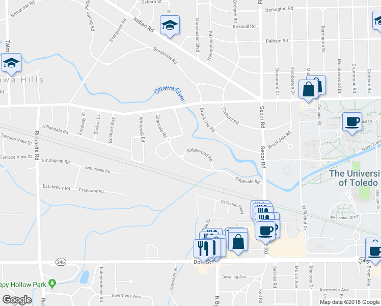 map of restaurants, bars, coffee shops, grocery stores, and more near 3569 Ridgewood Road in Toledo