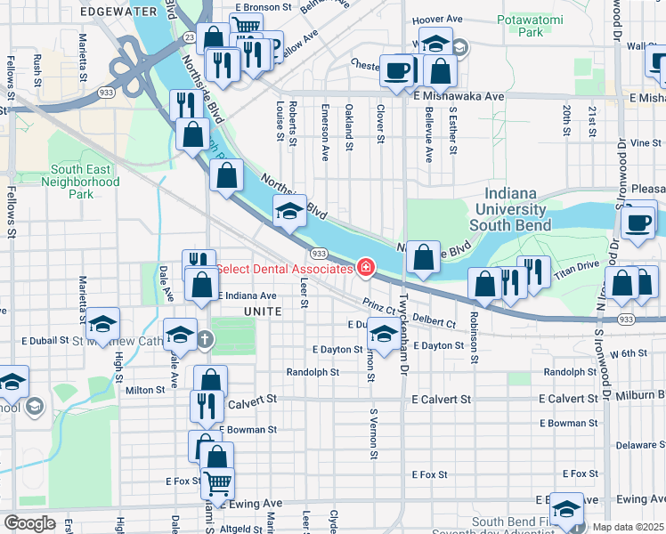 map of restaurants, bars, coffee shops, grocery stores, and more near 1334 Lincoln Way in South Bend