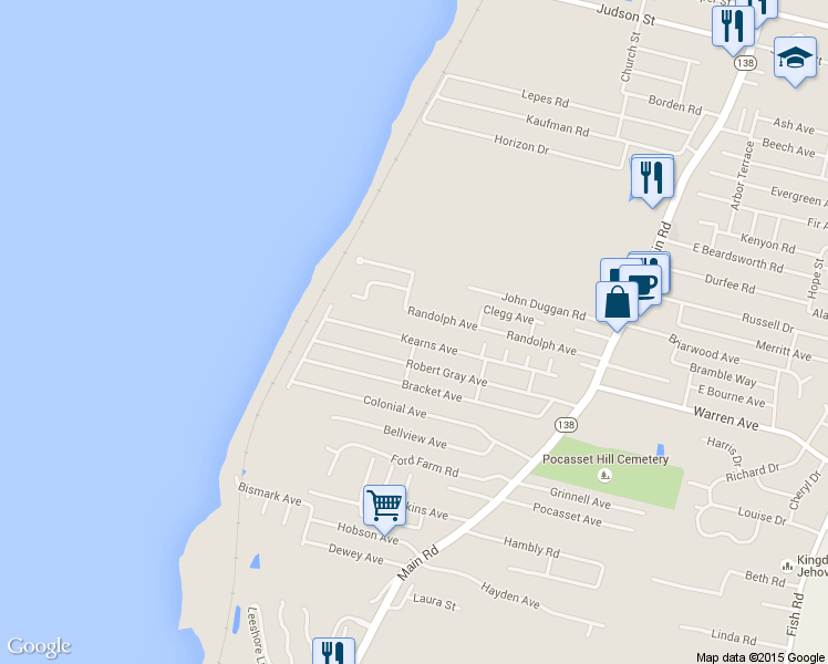 map of restaurants, bars, coffee shops, grocery stores, and more near 180 Kearns Avenue in Tiverton