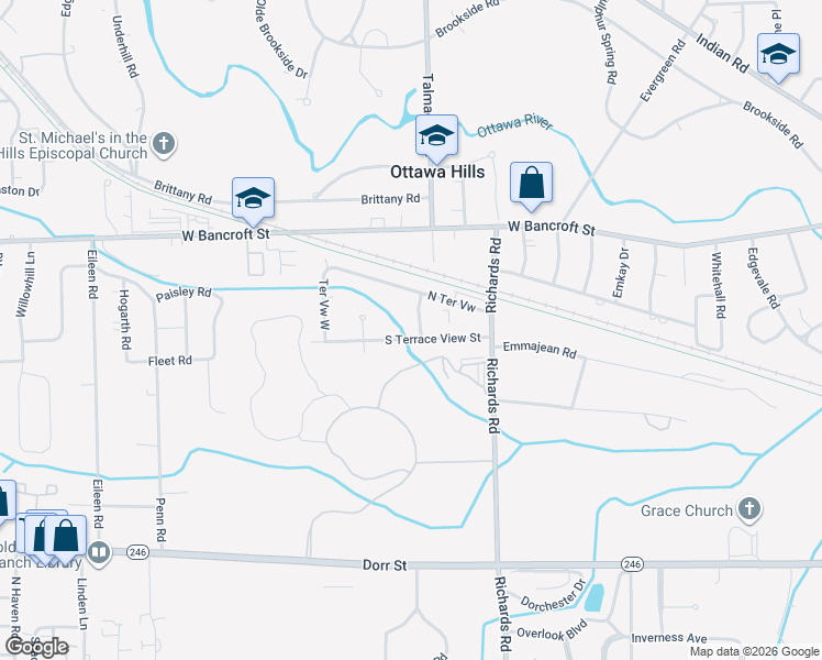 map of restaurants, bars, coffee shops, grocery stores, and more near 4236 South Terrace View Street in Toledo
