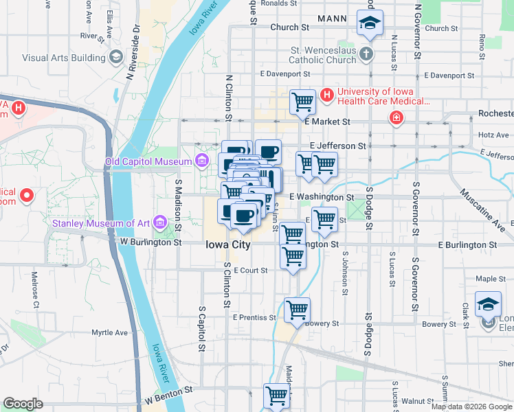 map of restaurants, bars, coffee shops, grocery stores, and more near 125 South Dubuque Street in Iowa City