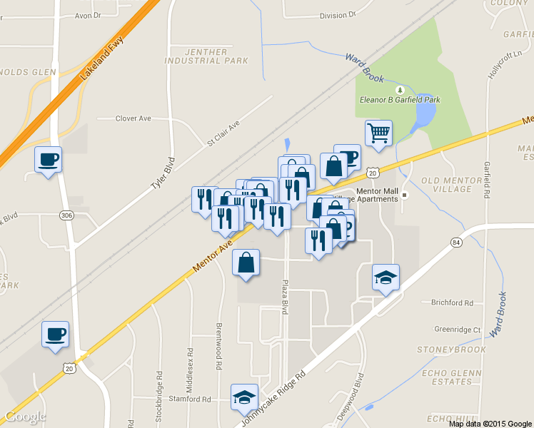 map of restaurants, bars, coffee shops, grocery stores, and more near 7685 Mentor Avenue in Mentor