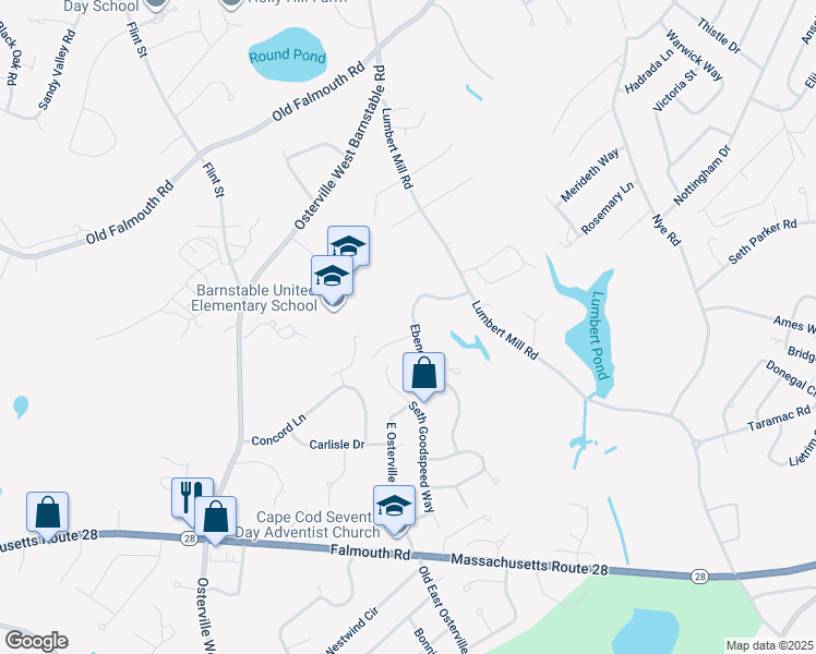 map of restaurants, bars, coffee shops, grocery stores, and more near 90 Ebenezer Road in Barnstable