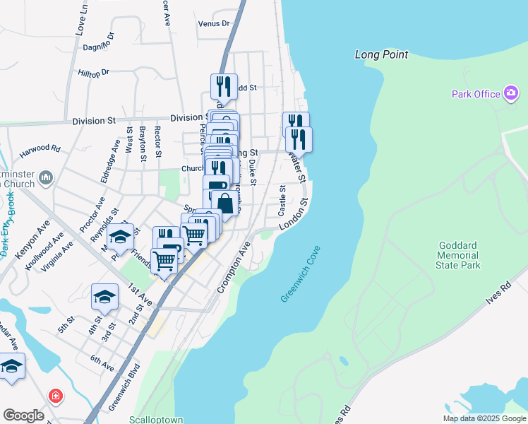 map of restaurants, bars, coffee shops, grocery stores, and more near 146 Duke Street in East Greenwich