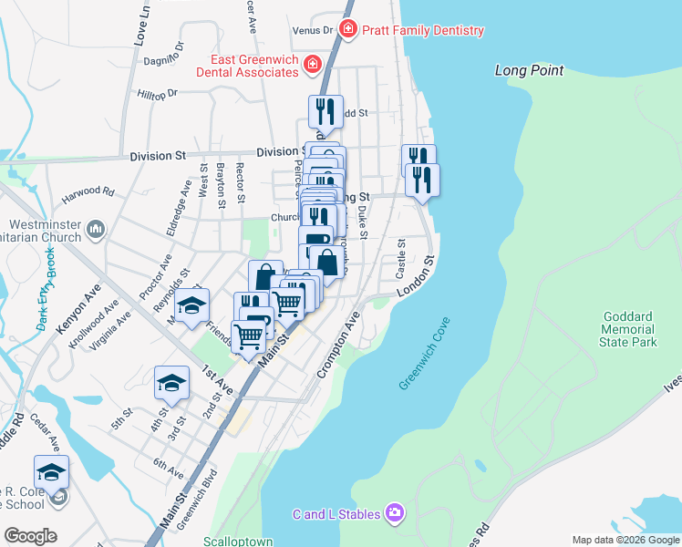 map of restaurants, bars, coffee shops, grocery stores, and more near 310 Main Street in East Greenwich