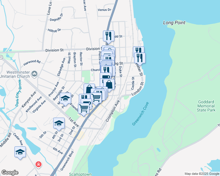 map of restaurants, bars, coffee shops, grocery stores, and more near 310 Main Street in East Greenwich