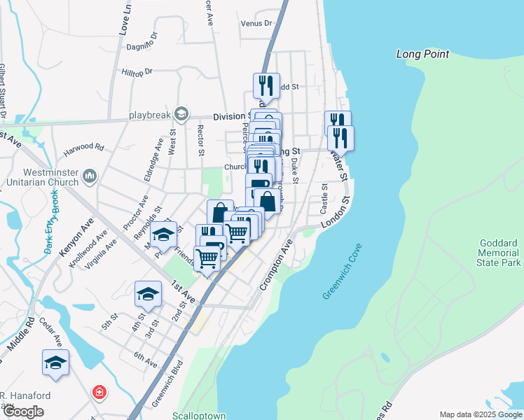 map of restaurants, bars, coffee shops, grocery stores, and more near 310 Main Street in East Greenwich