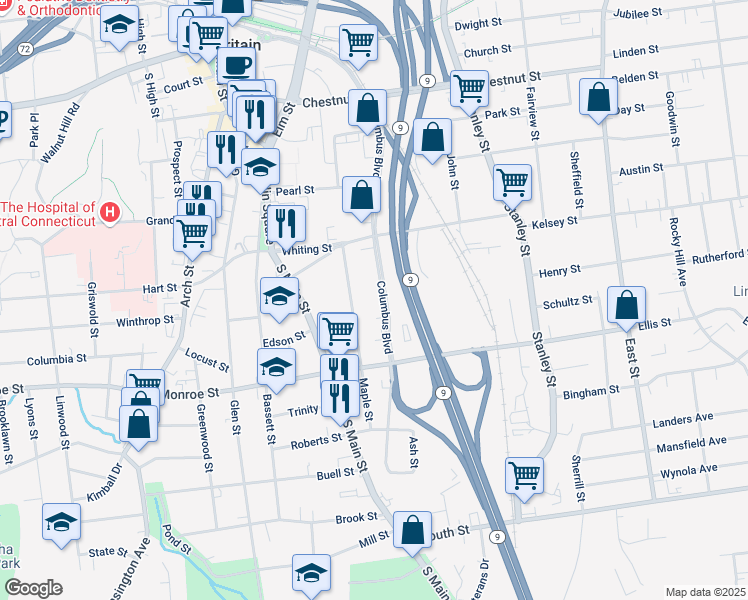map of restaurants, bars, coffee shops, grocery stores, and more near 435 Columbus Boulevard in New Britain