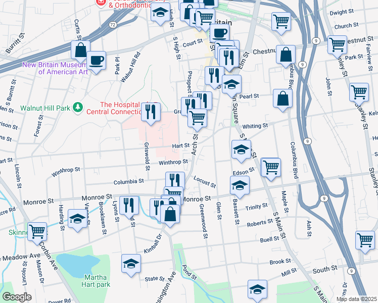 map of restaurants, bars, coffee shops, grocery stores, and more near 27 Winthrop Street in New Britain