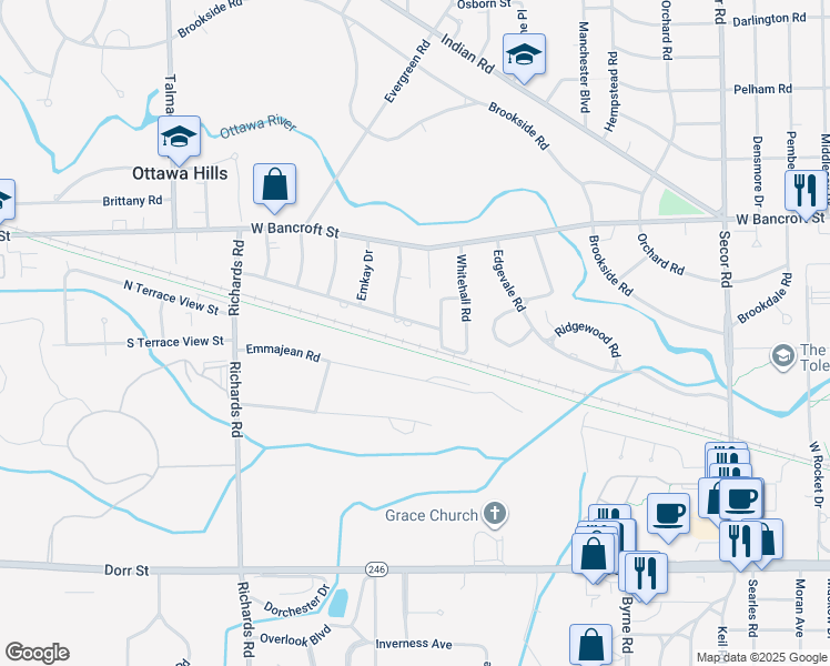 map of restaurants, bars, coffee shops, grocery stores, and more near 3773 Hillandale Road in Toledo