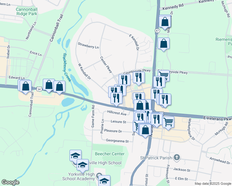 map of restaurants, bars, coffee shops, grocery stores, and more near 510 West Kendall Drive in Yorkville