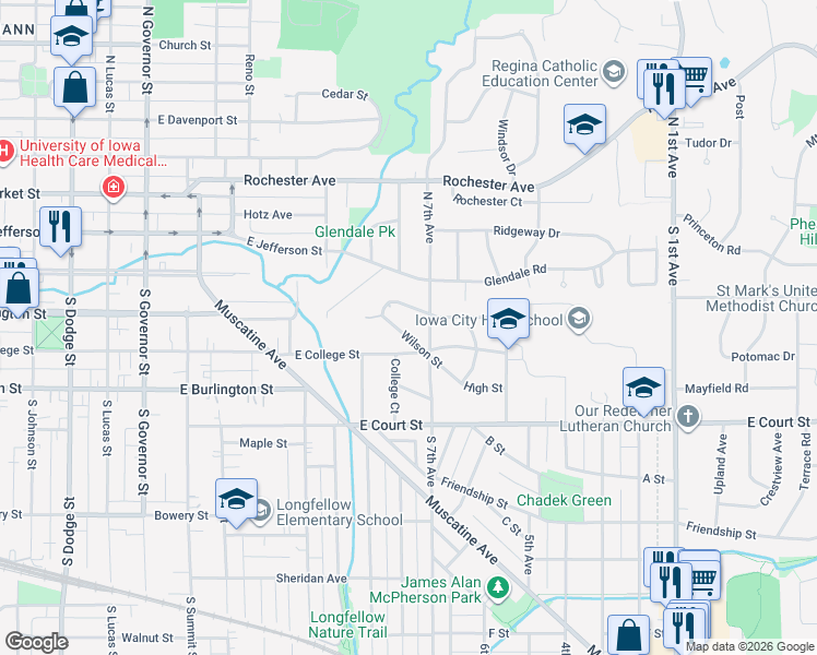 map of restaurants, bars, coffee shops, grocery stores, and more near 109 South 7th Avenue in Iowa City