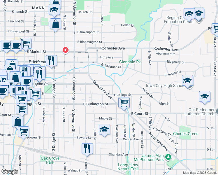 map of restaurants, bars, coffee shops, grocery stores, and more near 1127 East Washington Street in Iowa City