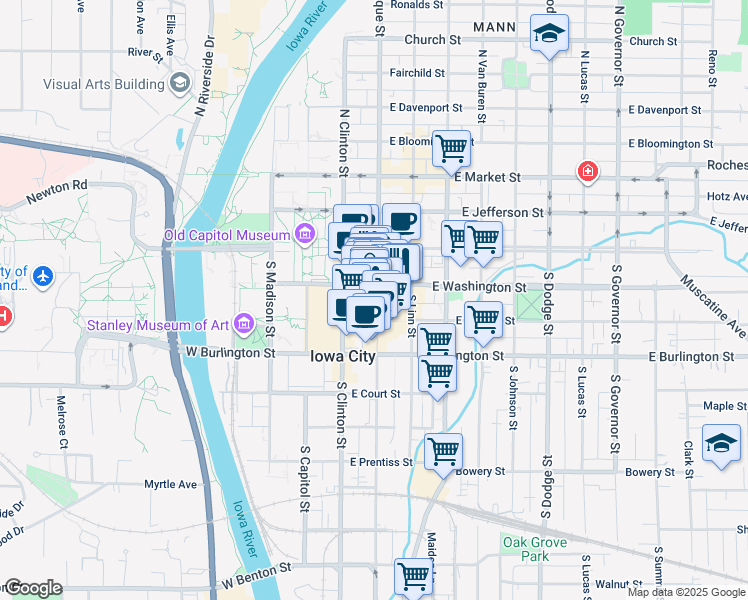 map of restaurants, bars, coffee shops, grocery stores, and more near 125 South Dubuque Street in Iowa City