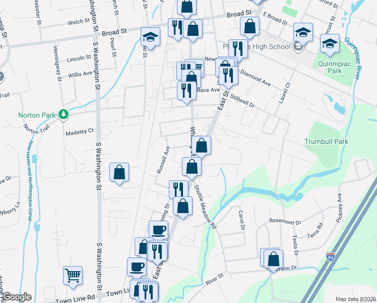 map of restaurants, bars, coffee shops, grocery stores, and more near 183 Whiting Street in Plainville