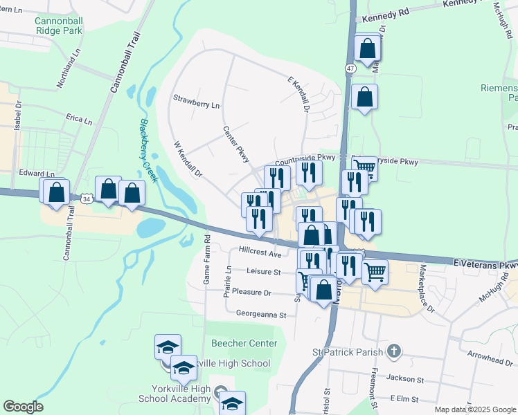 map of restaurants, bars, coffee shops, grocery stores, and more near 510 West Kendall Drive in Yorkville